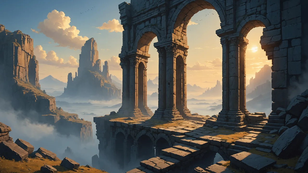 Lumenfall environment: ancient ruins on a floating rock plateau, amber light filtering through broken archways over an endless sky below