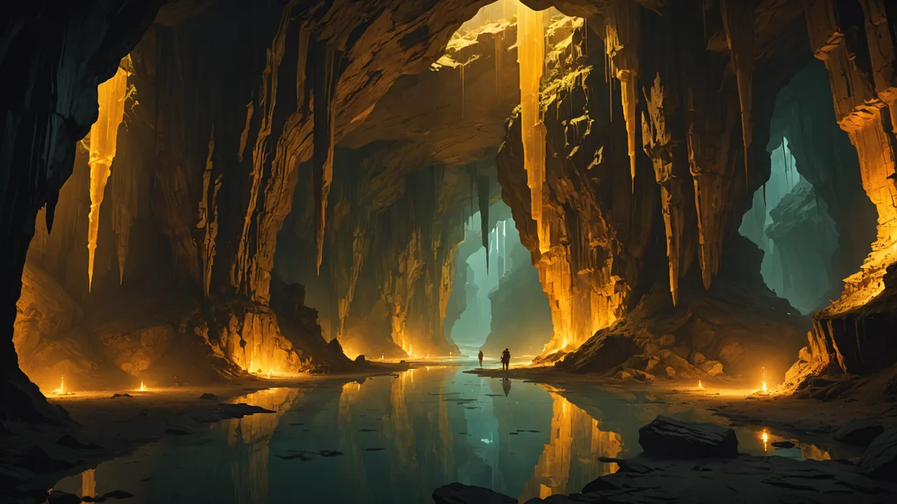 Lumenfall environment: underground cavern where a subterranean river glows amber through translucent rock, massive stalactites descending into the light