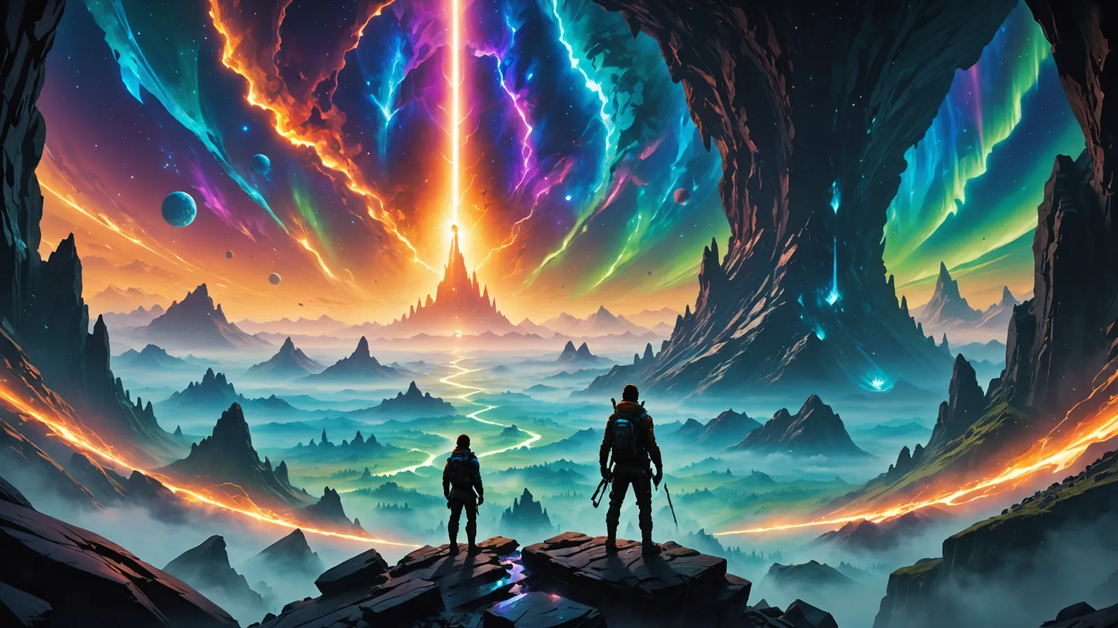 Lumenfall key art showing generative terrain and atmospheric lighting