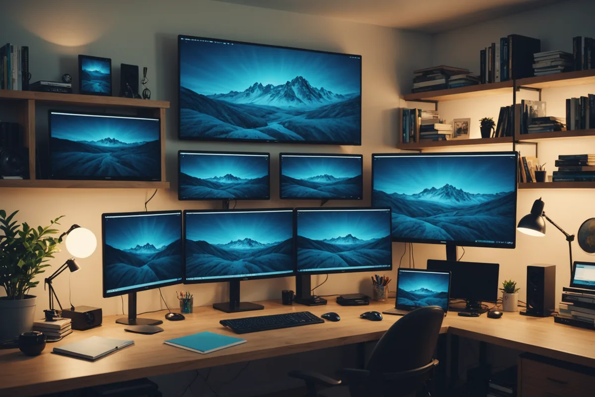 Lightfury Games studio workspace in Hyderabad, multiple monitors showing terrain generation tools, reference art pinned to walls, warm ambient lighting